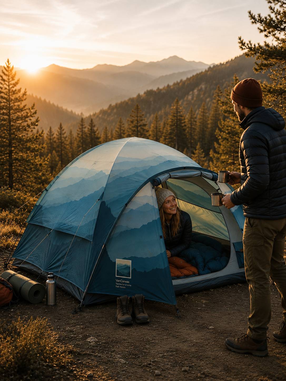 A couple sharing morning coffee outside their custom-printed VanCanvas tent at sunrise